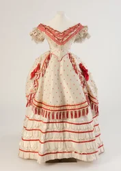 White and coral red woven silk evening dress, 1870